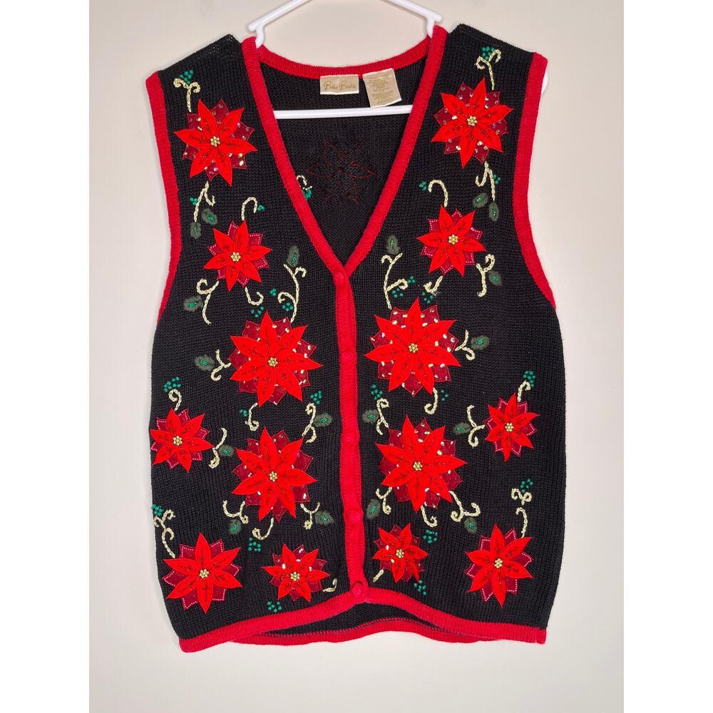 1990s Bobbie Brooks Red Green Poinsettias Floral Beaded Christmas Sweater Vest L